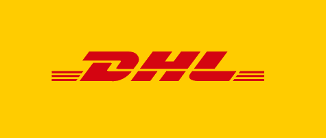 DHL-Logo mit rotem Schriftzug auf gelbem Hintergrund.
